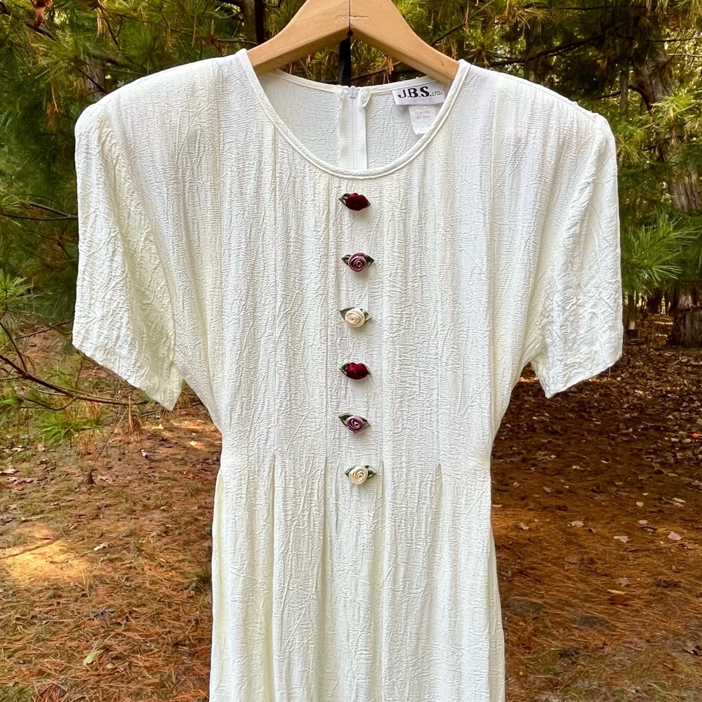 90s JBS Ltd. Crinkle Rayon Coquette Midi Dress with Rosettes Cream Size 8 P
